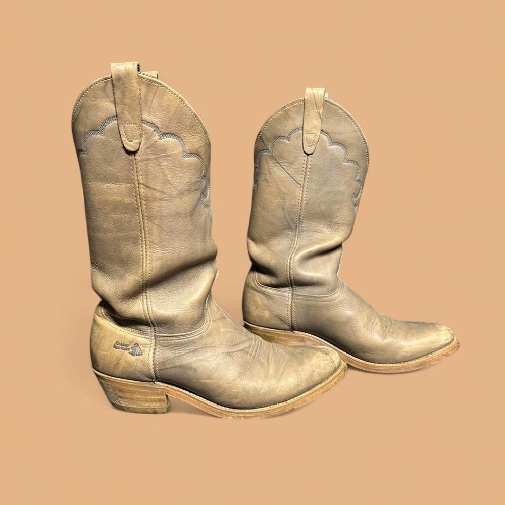 Vintage Golden Retriever Cowboy Boots 9.5 Tan Leather Western Roper Mid Calf